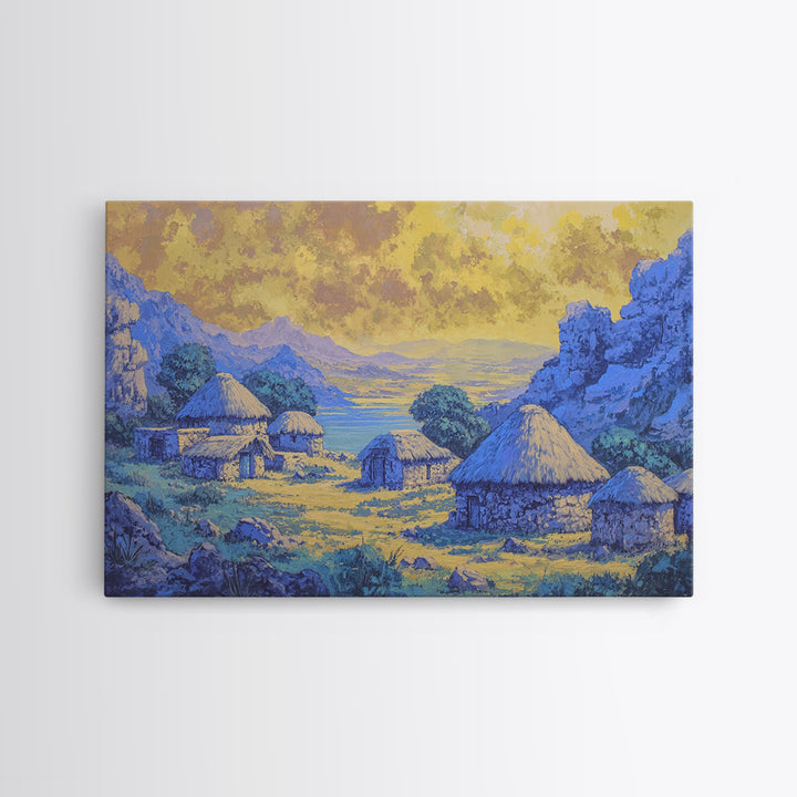 Blue African Village Landscape Wall Art, Thatched Hut Canvas Print, Motherland Nature Scene, Safari Home Decor Gift For Living Room