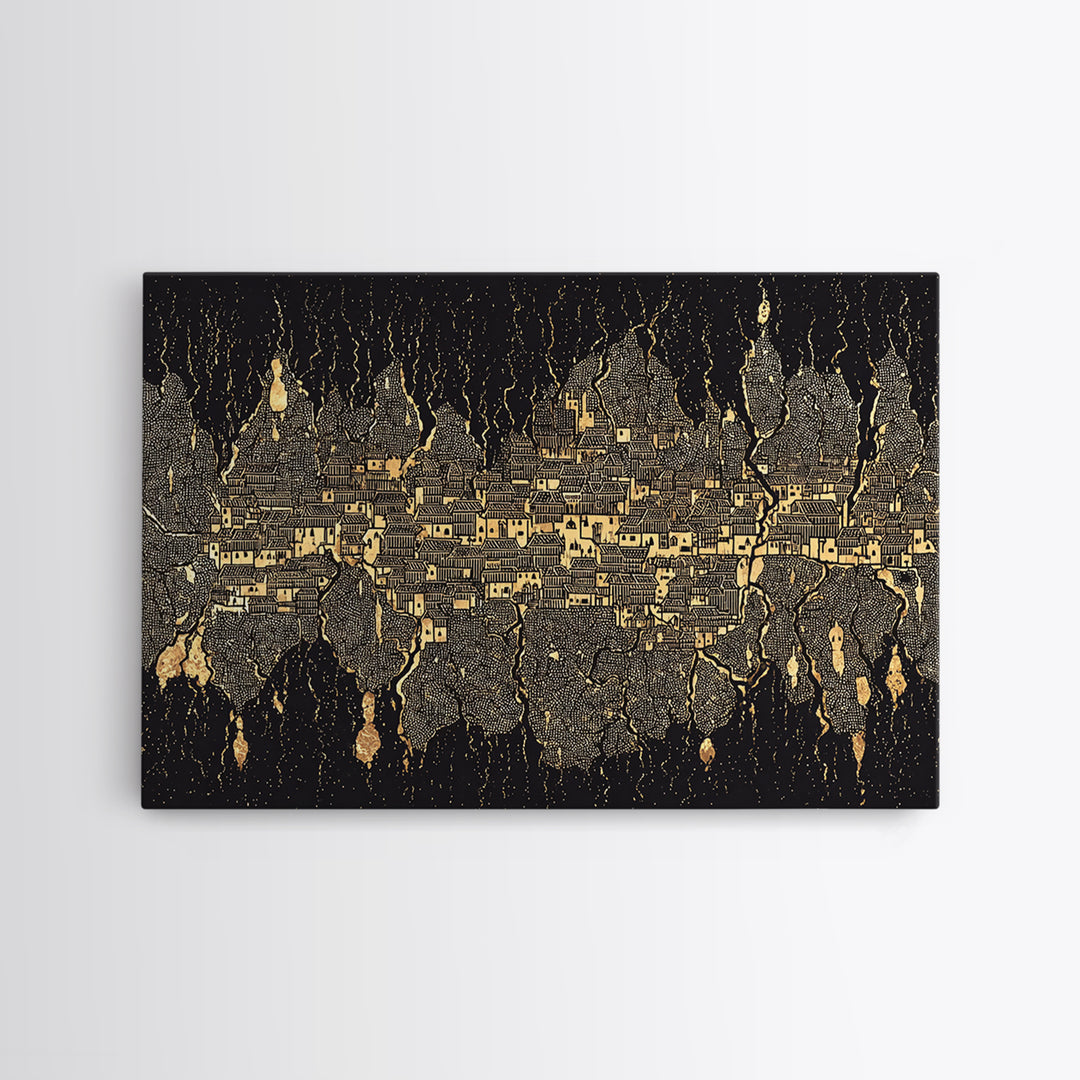 Gold Black Mystical City Wall Art, Abstract African Pattern Canvas Print, Modern Tribal Decor, Luxury Home Decor Statement Piece