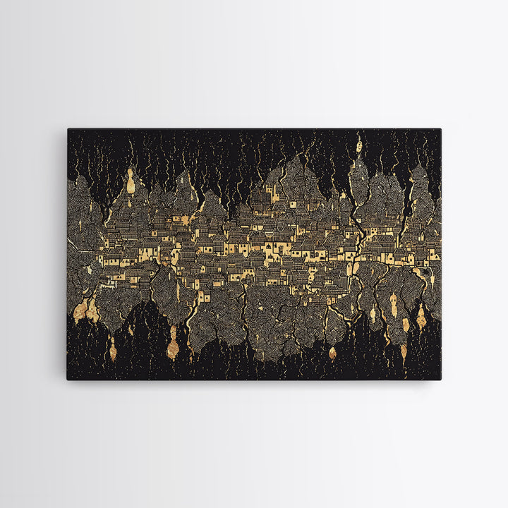 Gold Black Mystical City Wall Art, Abstract African Pattern Canvas Print, Modern Tribal Decor, Luxury Home Decor Statement Piece