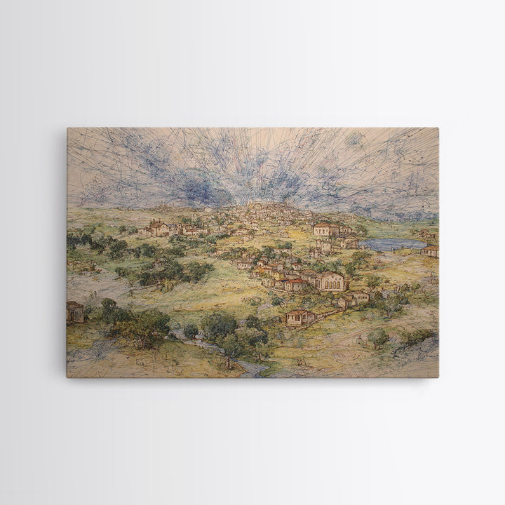 Radiant Rural Town Landscape Wall Art, Sunburst Countryside Canvas Print, African Inspired Decor, Elegant Home Decor Gift