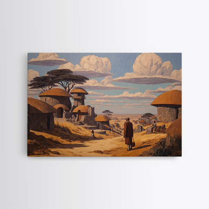 Thatched Village Path With Traveler Wall Art, African Landscape Canvas, Safari Hut Decor, Cultural Home Decor Gift For Living Room