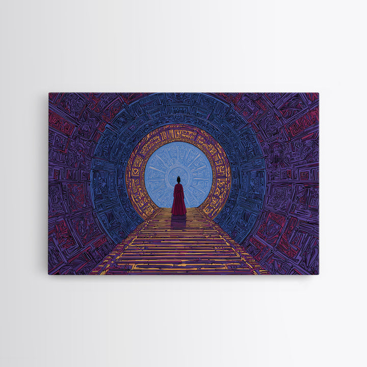 Red Robed Woman Before Blue Portal Framed Canvas Print, Mystical African Art, Spiritual Wall Decor For Meditation Room Gift