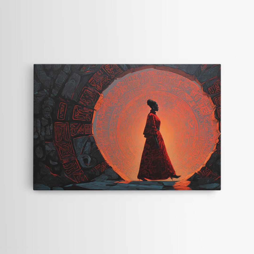 Silhouette Woman At Orange Ancient Portal Wall Art, Afrofuturism Canvas Print, Spiritual African Decor For Home Or Office