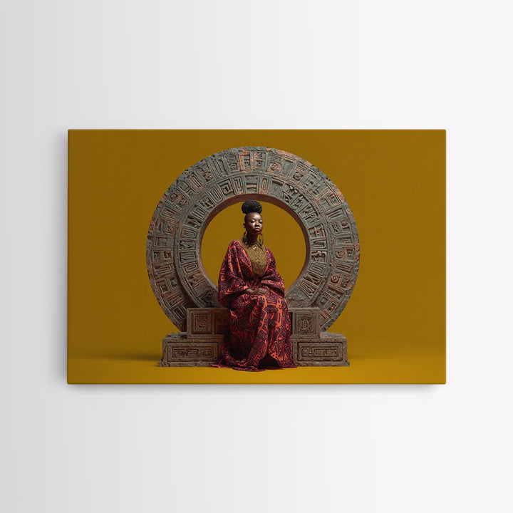 Seated African Queen In Red Robe Canvas Print, Regal Portrait Wall Art, Cultural Home Decor, Black Goddess Gift For Living Room
