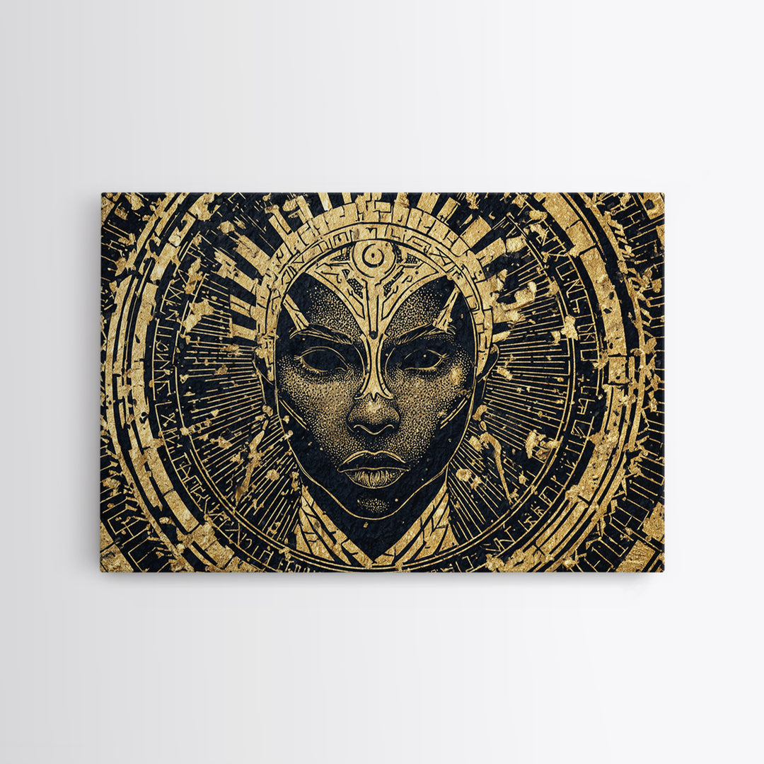 Gold Black Tribal Mask Face Wall Art, African Abstract Portrait Canvas Print, Spiritual Statement Decor For Living Room Gift