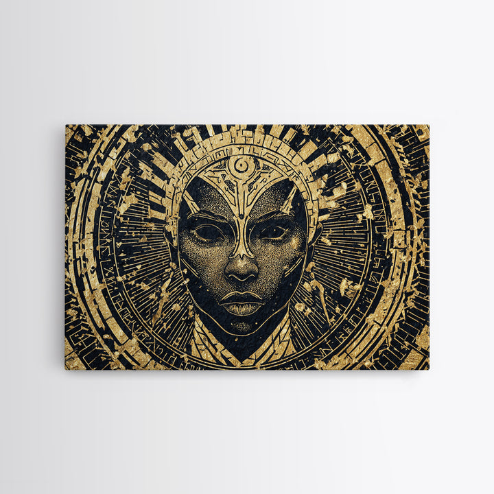 Gold Black Tribal Mask Face Wall Art, African Abstract Portrait Canvas Print, Spiritual Statement Decor For Living Room Gift