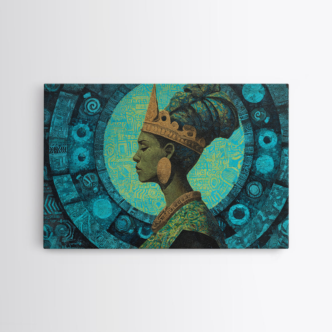Turquoise Crowned African Queen Profile Wall Art, Afrocentric Portrait Canvas Print, Teal Cultural Decor For Home Or Office Gift