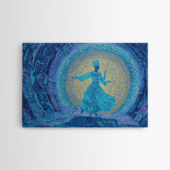 Ethereal Blue Whirling Dancer Portal Wall Art, African Inspired Spiritual Wall Decor, Teal Gold Boho Modern Canvas Print