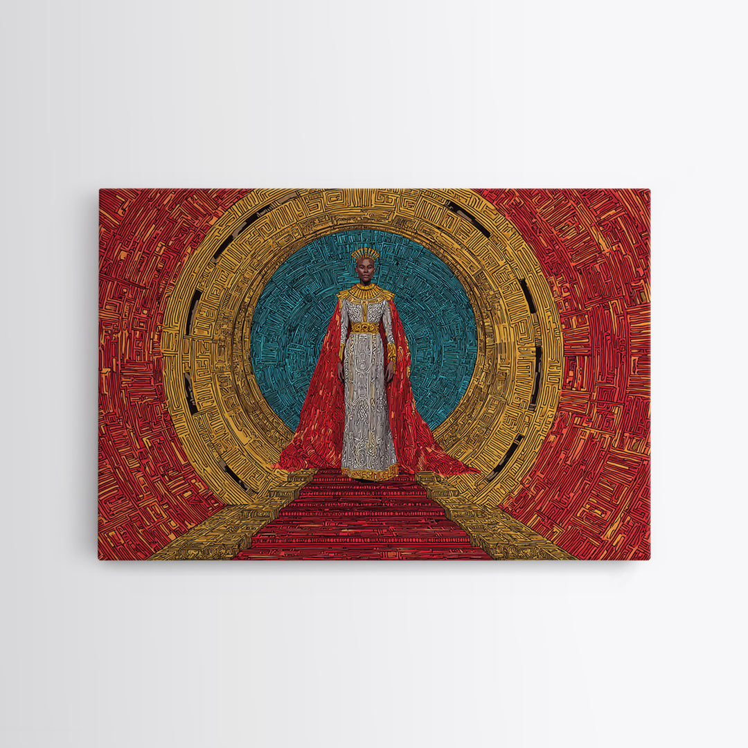Regal African Queen In Red Cape Framed Canvas Print, Afrocentric Wall Art, Black Goddess Portrait, Luxury Home Decor Gift