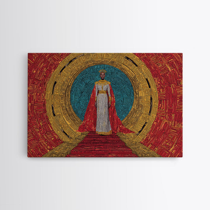 Regal African Queen In Red Cape Framed Canvas Print, Afrocentric Wall Art, Black Goddess Portrait, Luxury Home Decor Gift