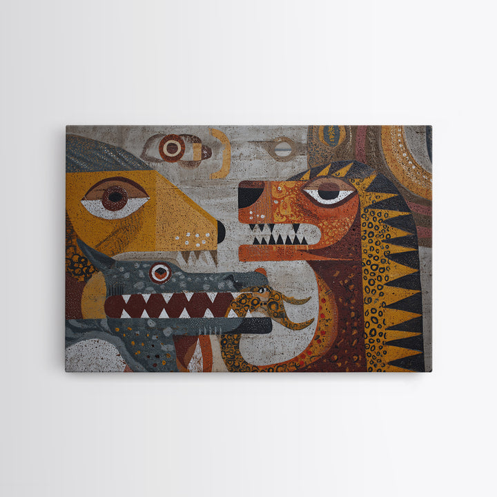 Cubist Tribal Animal Masks Wall Art, African Inspired Abstract Painting, Earth Tone Safari Decor, Modern Canvas Print Gift
