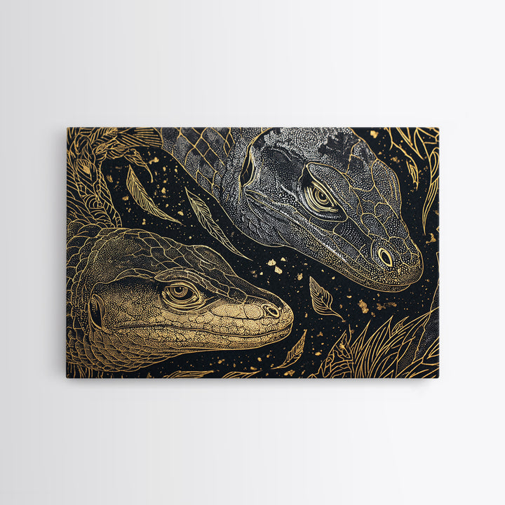 Black And Gold Lizard Pair Wall Art, African Animal Art Print, Elegant Reptile Home Decor, Luxury Canvas Print, Nature Gift