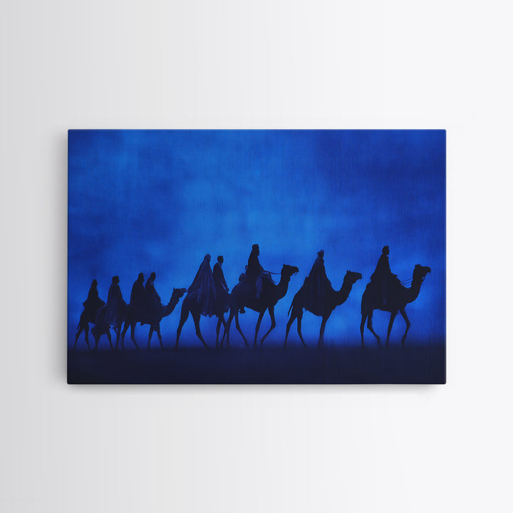 Blue Desert Camel Caravan Silhouette Wall Art, African Travel Poster, Sahara Safari Decor, Minimalist Canvas Print Gift For Him