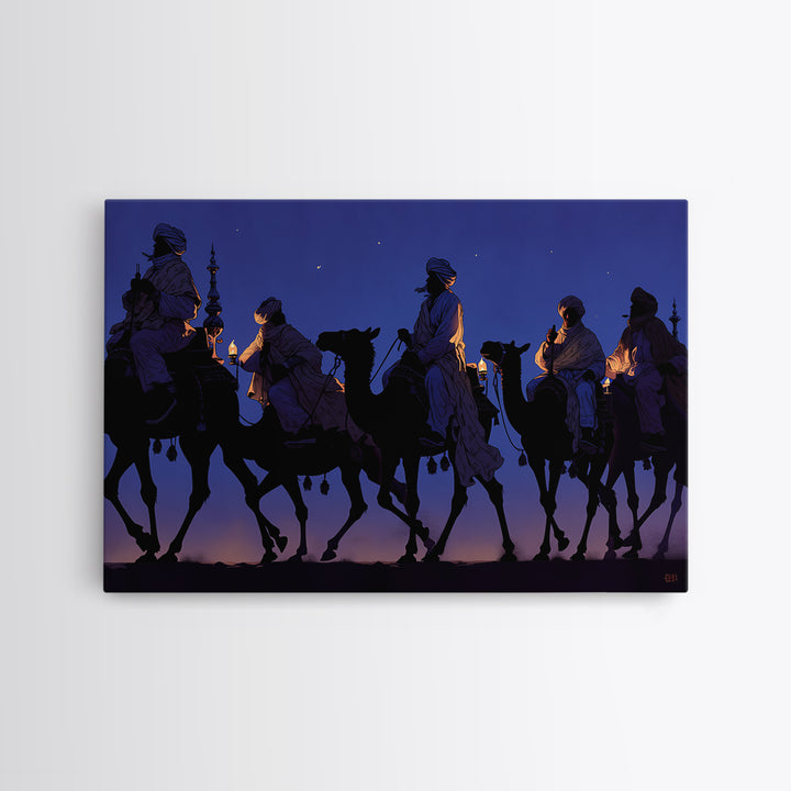 Blue Desert Camel Caravan With Lanterns Canvas Print, African Safari Art, Moroccan Travel Poster, Boho Wall Decor, Living Room Decor
