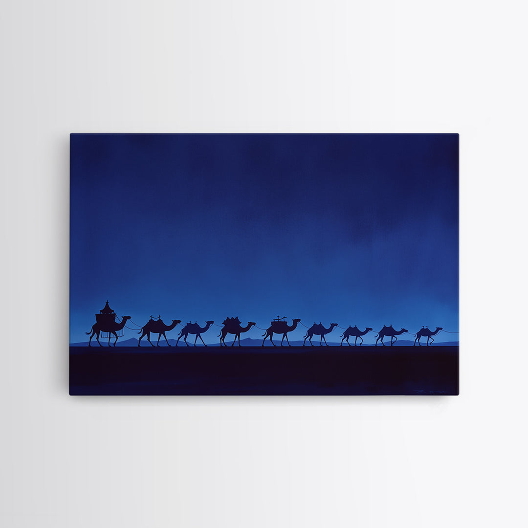 Minimalist Blue Camel Caravan Silhouette Wall Art, African Safari Print, Moroccan Travel Poster, Modern Desert Home Decor