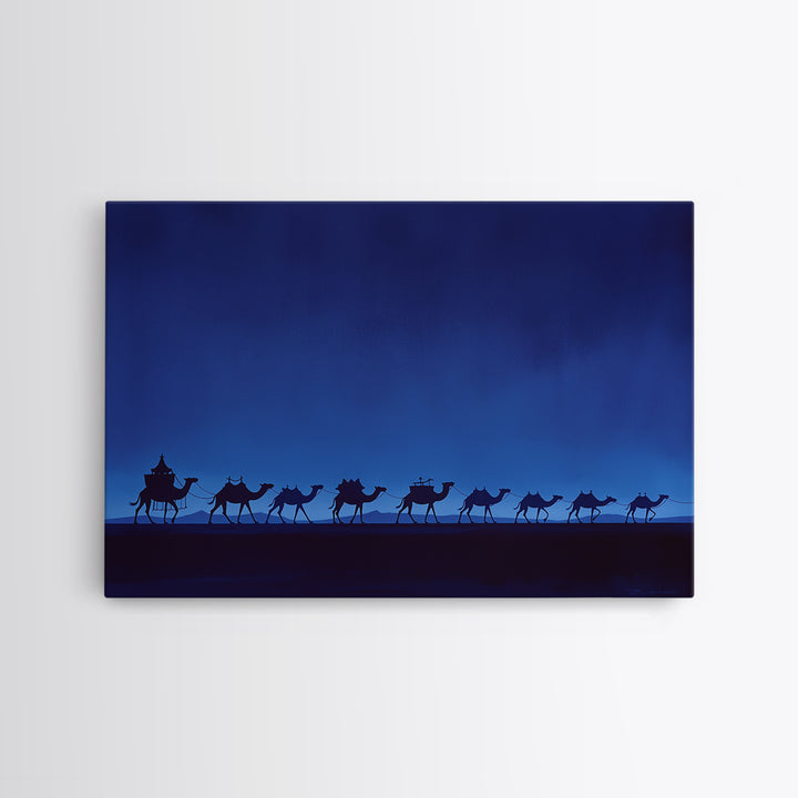 Minimalist Blue Camel Caravan Silhouette Wall Art, African Safari Print, Moroccan Travel Poster, Modern Desert Home Decor