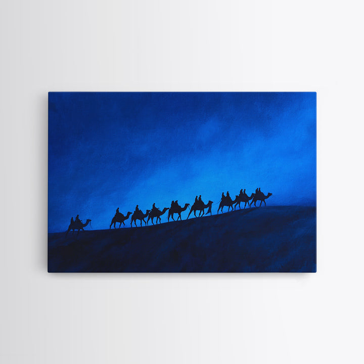 Blue Dune Camel Caravan Silhouette Framed Canvas Print, African Landscape, Sahara Travel Decor, Large Wall Art Prints For Living Room
