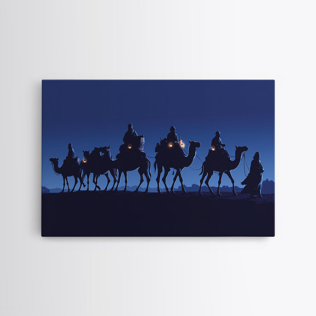 Midnight Camel Riders With Glowing Lanterns Canvas Print, African Safari Art, Blue Wall Decor, Moroccan Travel Gift For Home Decor