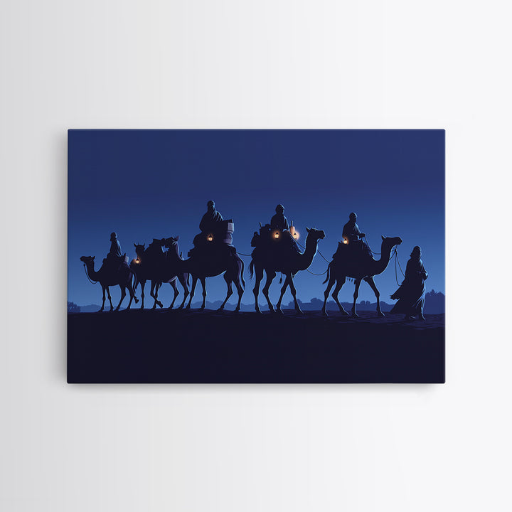 Midnight Camel Riders With Glowing Lanterns Canvas Print, African Safari Art, Blue Wall Decor, Moroccan Travel Gift For Home Decor