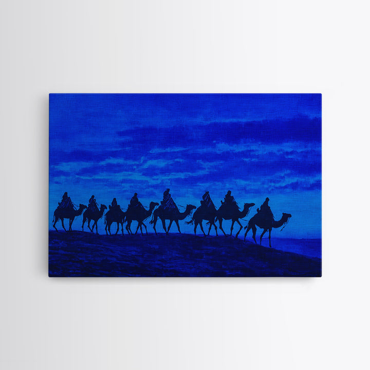 Textured Blue Camel Caravan On Ridge Wall Art, African Landscape Painting, Safari Decor, Boho Bedroom Wall Decor, Unique Home Decor