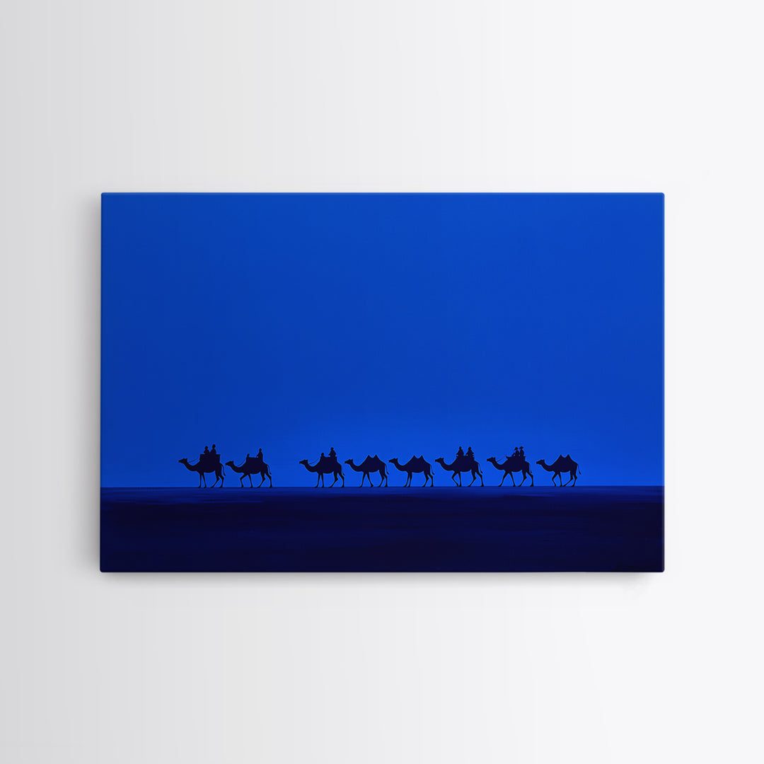 Minimalist Blue Desert Camel Caravan Canvas Print, African Safari Art, Modern Wall Decor, Large Living Room Artwork, Blue Home Decor
