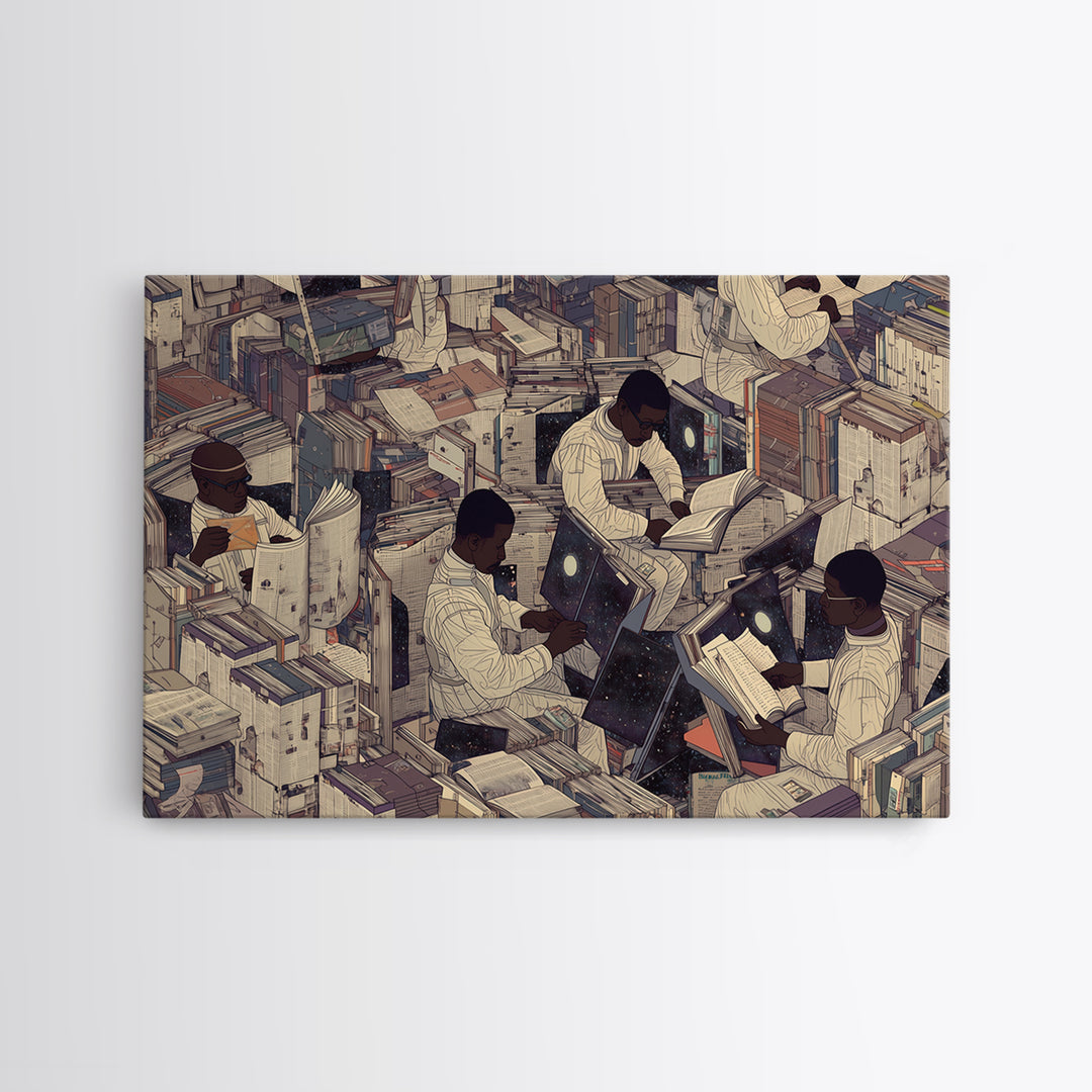 Surreal Black Scholars In Floating Book City Wall Art, Afrofuturism Decor, Black Culture Art, Unique Office Decor, Home Decor Gift