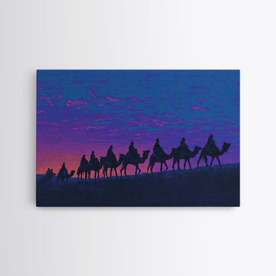 Purple Sunset Camel Caravan Silhouette Canvas Print, African Safari Art, Moroccan Travel Poster, Vibrant Wall Decor, Bedroom Wall Decor