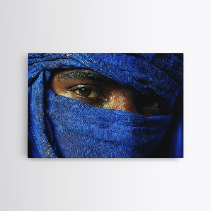Blue Veiled Tuareg Eyes Portrait Framed Canvas Print, African Portrait, Moroccan Travel Art, Bold Cultural Wall Decor, Gift For Him