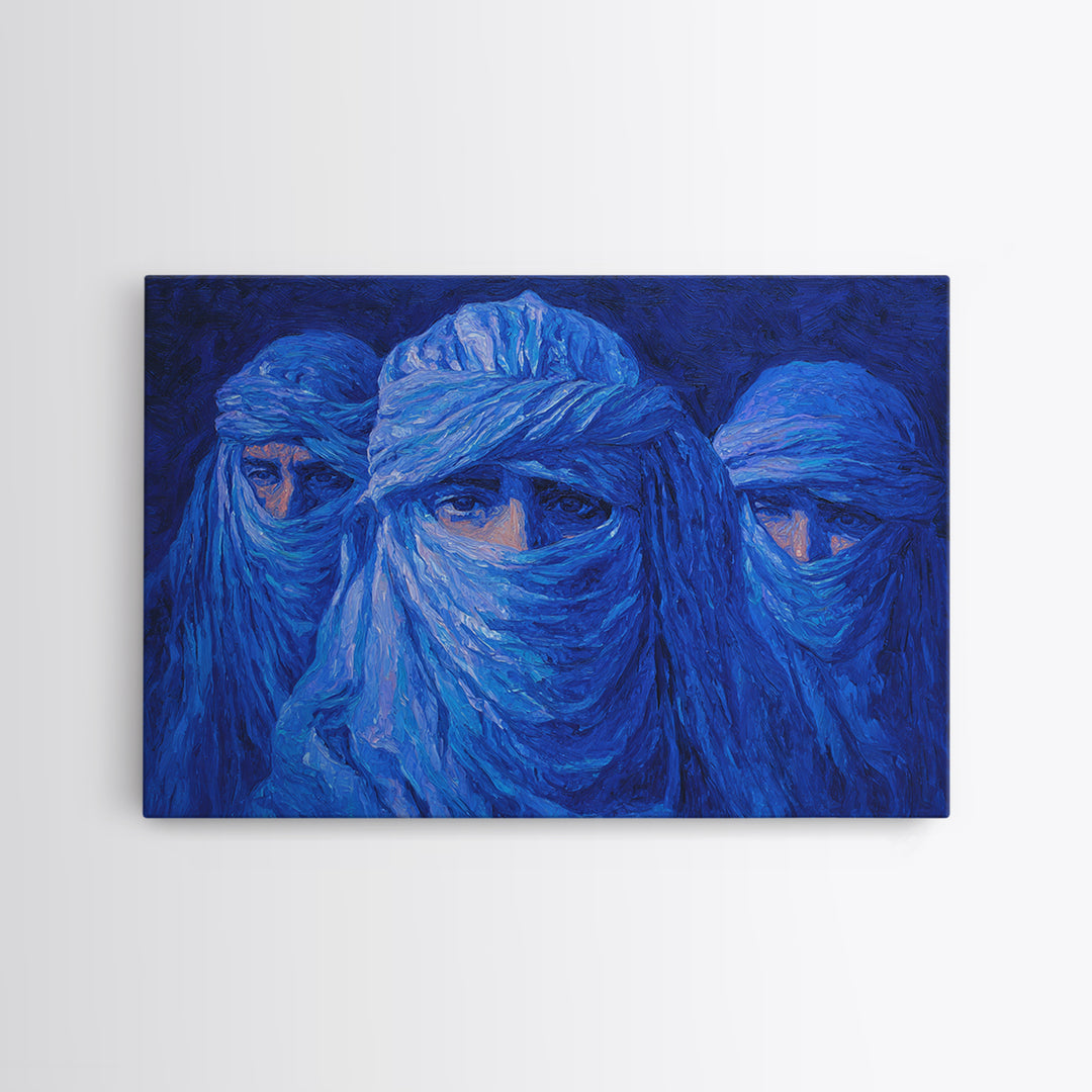 Blue Veiled Desert Nomad Portraits, African Wall Art, Tuareg Inspired Canvas Print, Afrocentric Decor, Bold Blue Gift For Home