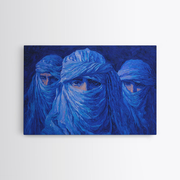 Blue Veiled Desert Nomad Portraits, African Wall Art, Tuareg Inspired Canvas Print, Afrocentric Decor, Bold Blue Gift For Home