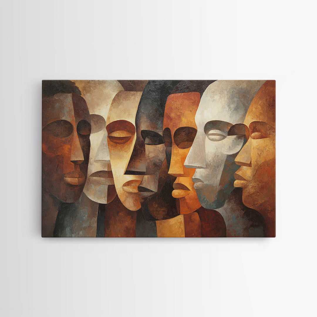 Earth Tone Abstract African Masks, Canvas Print, Cubism Wall Art, Tribal Faces, Modern Afrocentric Home Decor Gift For Living Room