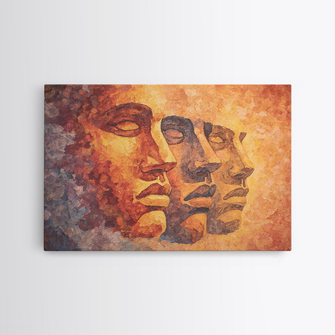 Textured Orange Ancestral Face Profiles, Framed Canvas Print, Abstract African Art, Warm Earth Tone Portrait Wall Decor Gift