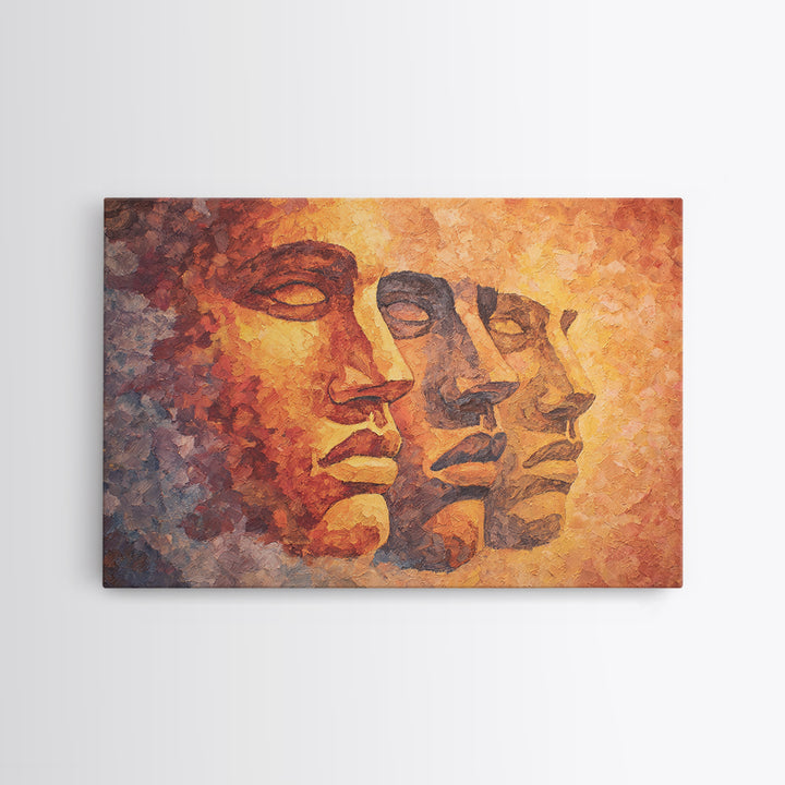 Textured Orange Ancestral Face Profiles, Framed Canvas Print, Abstract African Art, Warm Earth Tone Portrait Wall Decor Gift