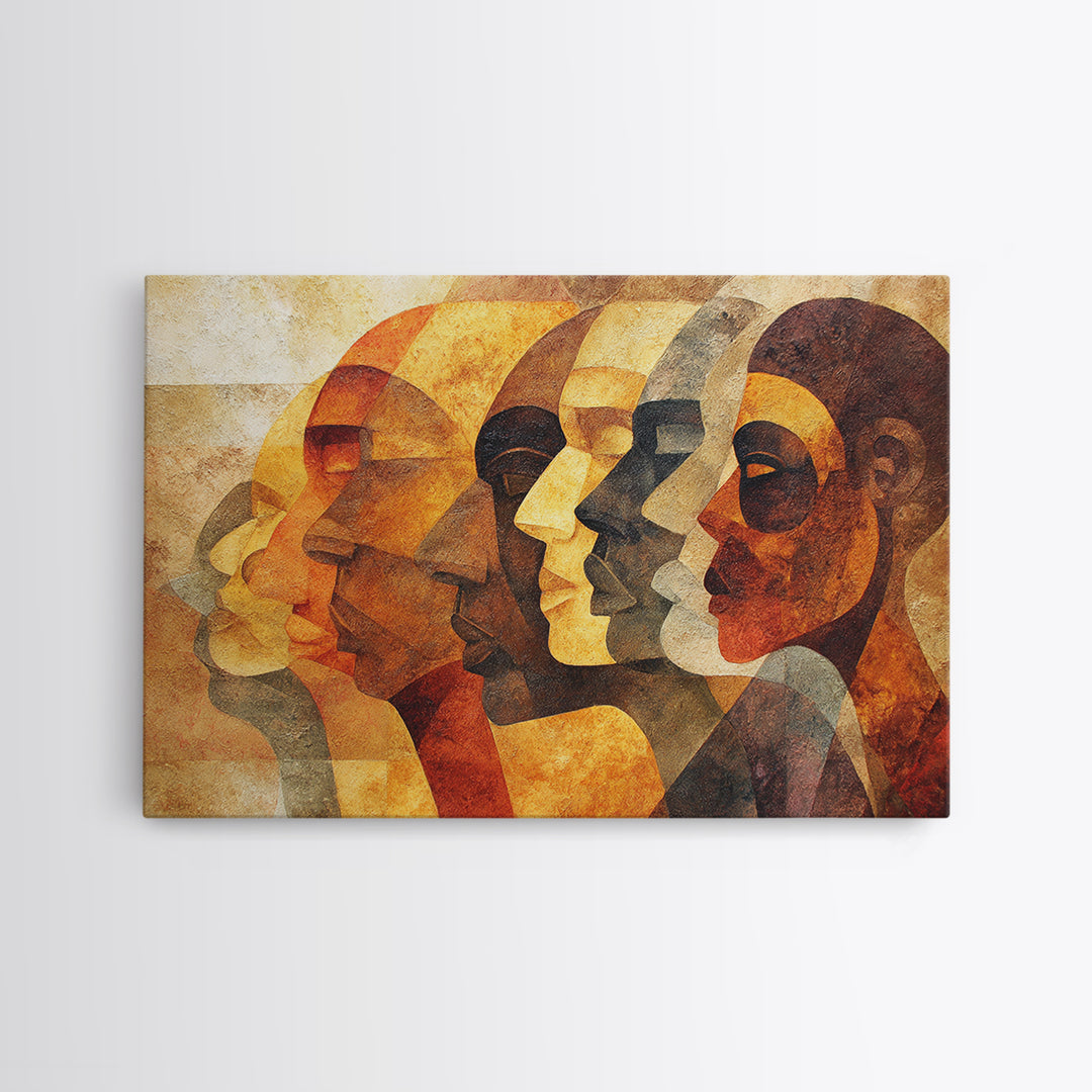Layered African Profiles In Gold And Terracotta, Wall Art, Modern Canvas Print, Cultural Portrait Decor, Statement Gift For Home