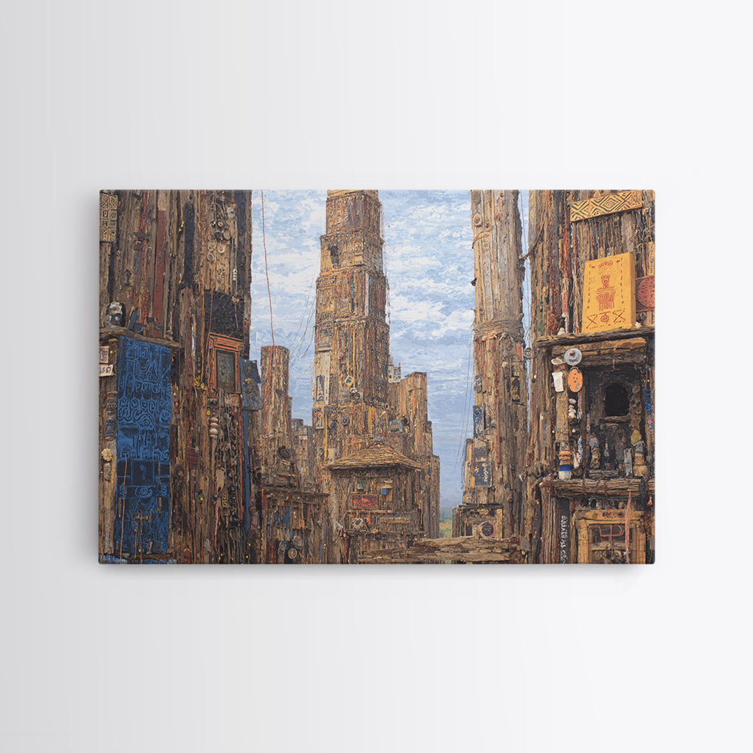 Textured Afro Futuristic City Street, Canvas Print, African Inspired Wall Art, Urban Architecture Decor, Cultural Home Gift