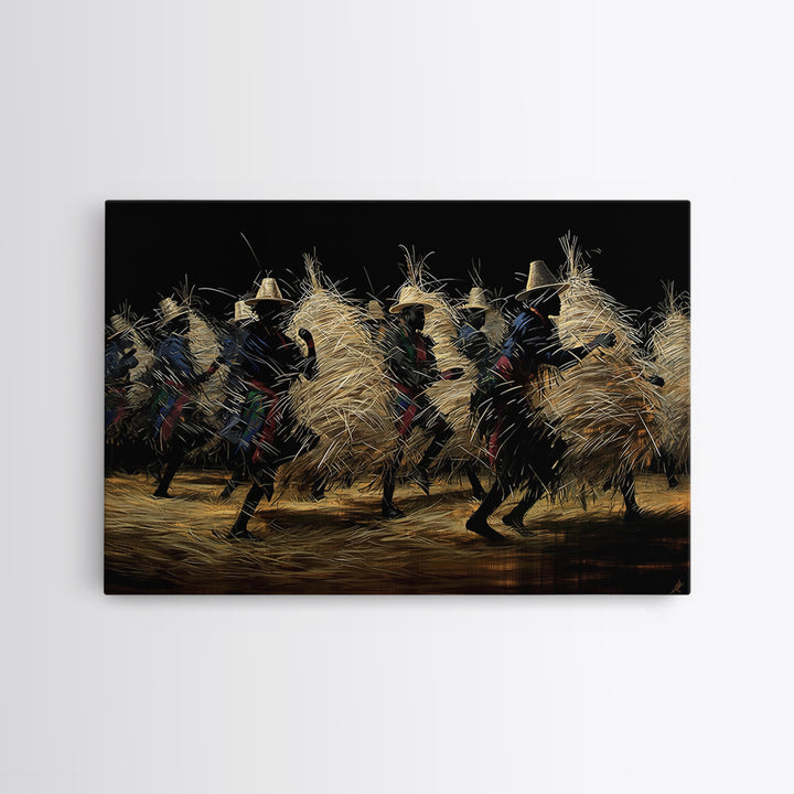Night Straw Masquerade Dancers Framed Canvas Print, African Tribal Art, Cultural Wall Decor, Black Background Artwork, Gift