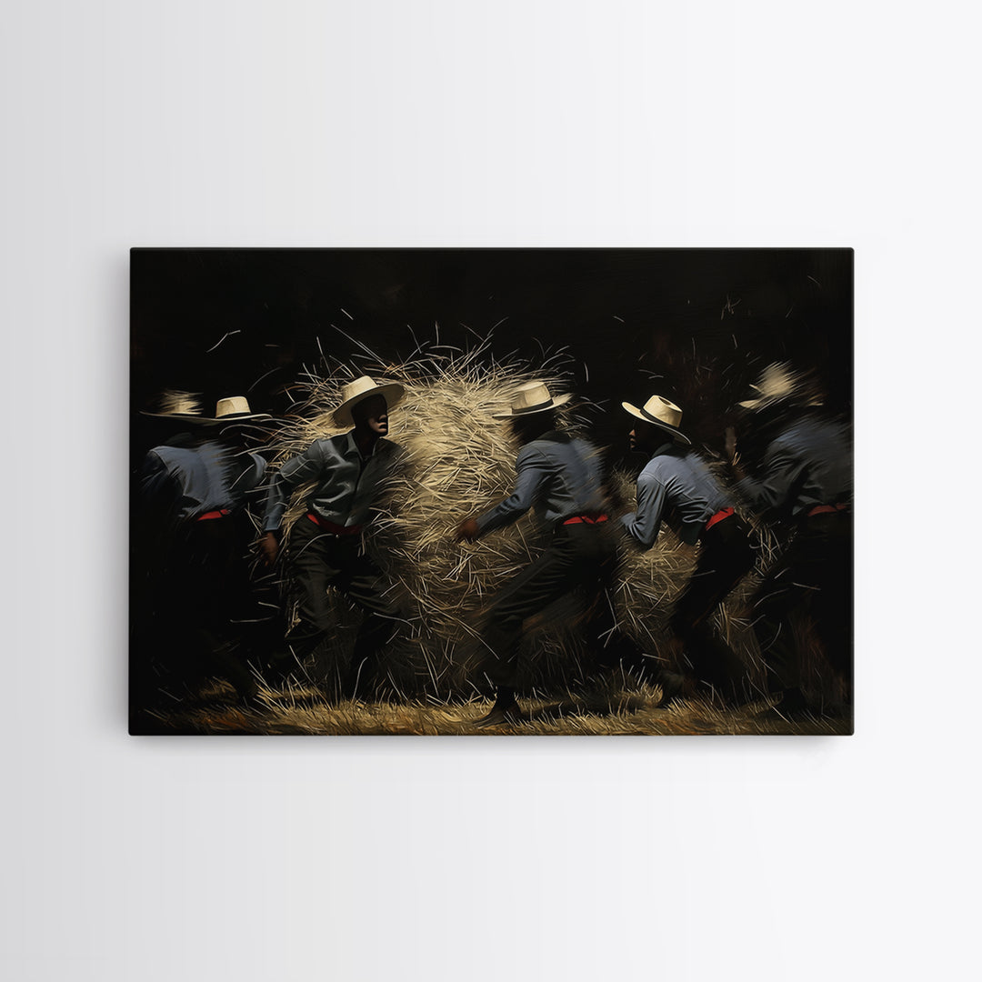 Midnight Harvest Dancers With Straw Wall Art, African Culture Art, Rustic Black Decor, Dynamic Canvas Print Gift For Him