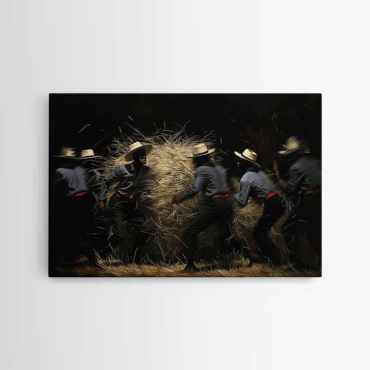 Midnight Harvest Dancers With Straw Wall Art, African Culture Art, Rustic Black Decor, Dynamic Canvas Print Gift For Him