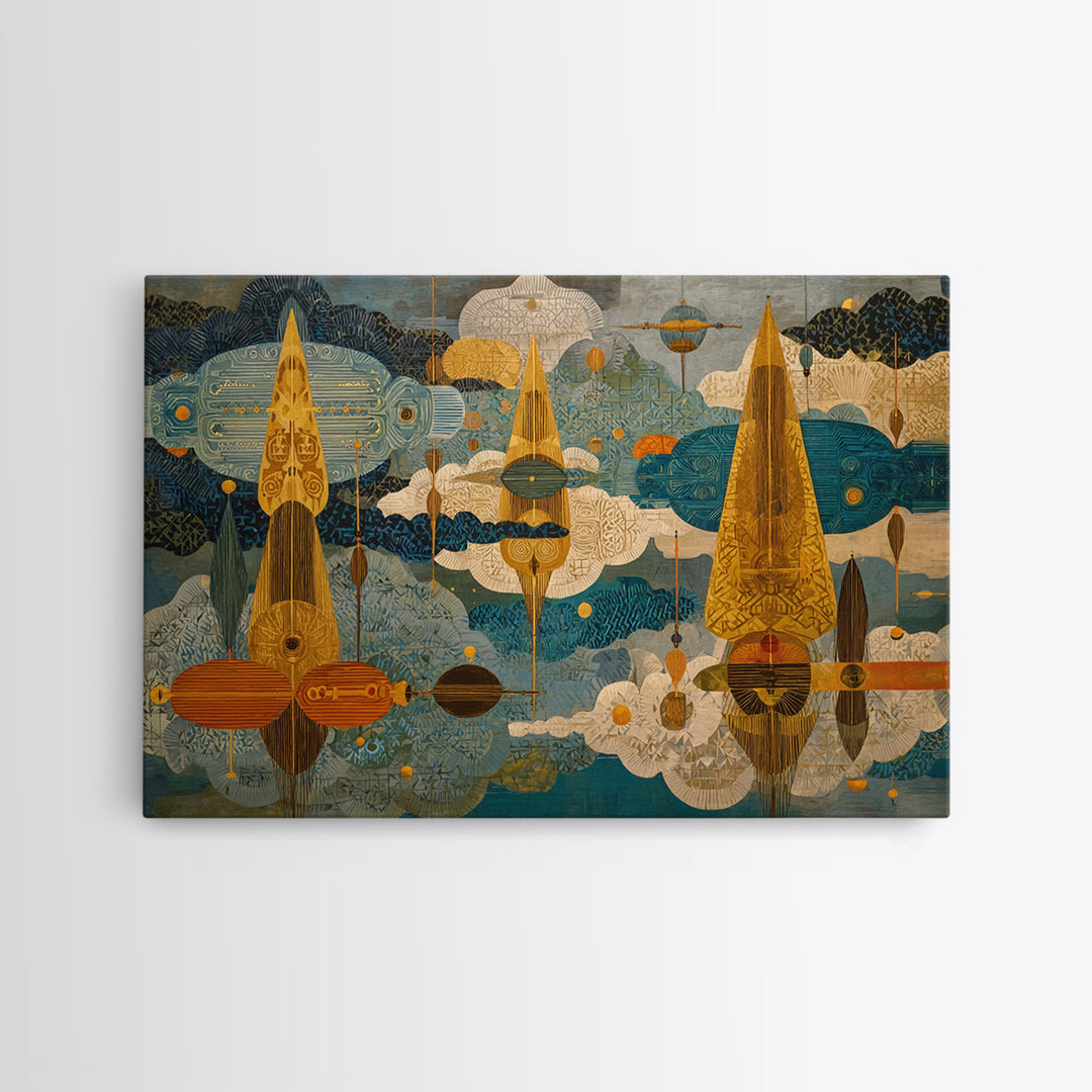 Golden Abstract African Patterned Sky Wall Art, Modern Geometric Canvas Print, African Decor, Boho Cultural Artwork, Home Decor