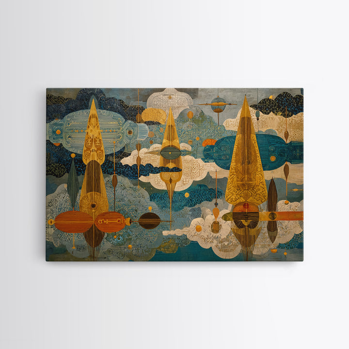 Golden Abstract African Patterned Sky Wall Art, Modern Geometric Canvas Print, African Decor, Boho Cultural Artwork, Home Decor