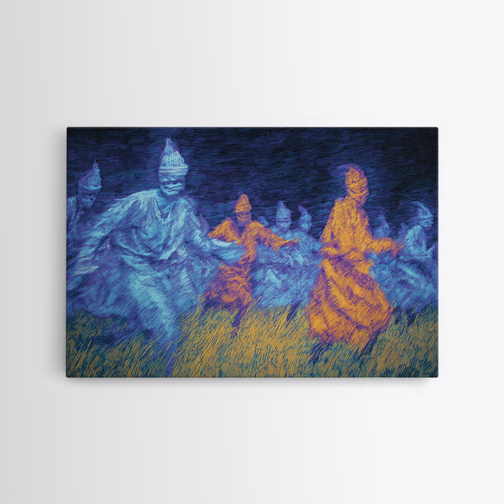 Blue And Orange African Spirit Dancers Wall Art, Cultural Tribal Art Print, Black History Decor, Afrocentric Canvas Print