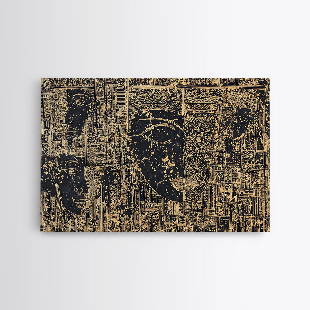 Golden Ancestral Faces And Geometric Tribal Patterns Wall Art, Afrocentric Black Culture Decor, Modern African Canvas Print