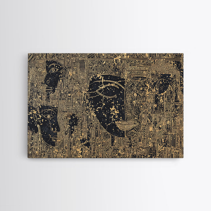 Golden Ancestral Faces And Geometric Tribal Patterns Wall Art, Afrocentric Black Culture Decor, Modern African Canvas Print
