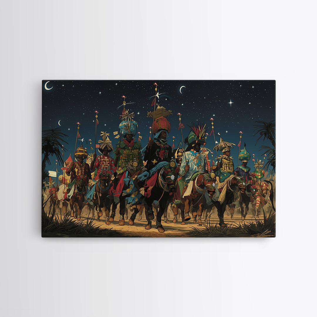 Starry Desert African Warriors On Horseback Framed Canvas Print, Tribal Procession Wall Decor, Afrocentric Safari Art Gift