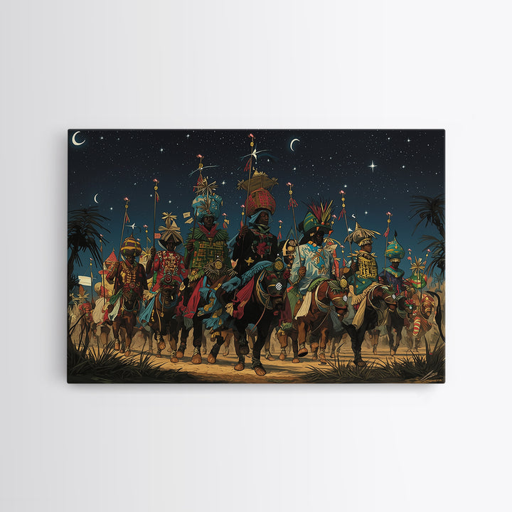 Starry Desert African Warriors On Horseback Framed Canvas Print, Tribal Procession Wall Decor, Afrocentric Safari Art Gift
