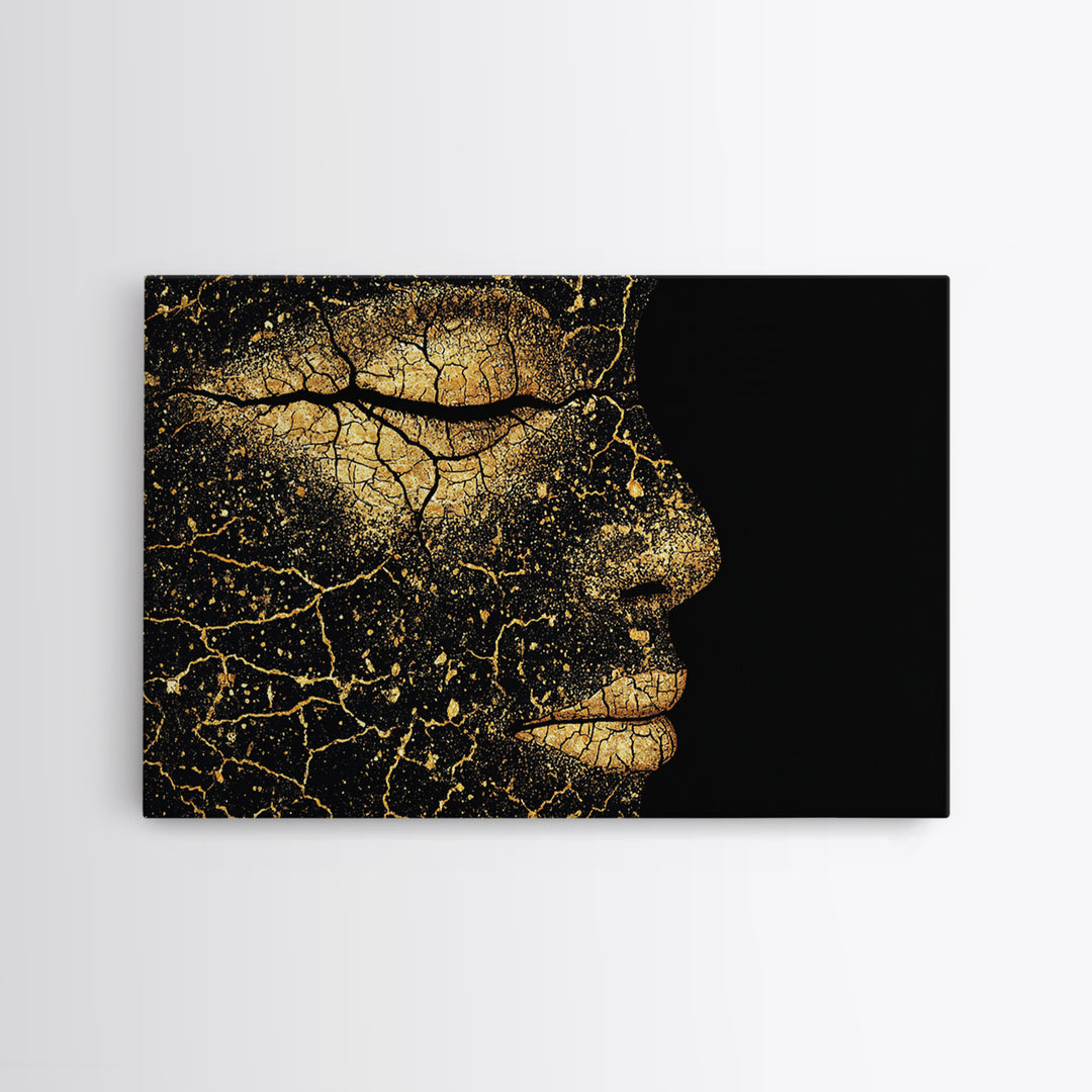 Golden Cracked Black Woman Profile Portrait Wall Art, Elegant Afrocentric Decor, Modern Black Art Print, Luxury Canvas Gift