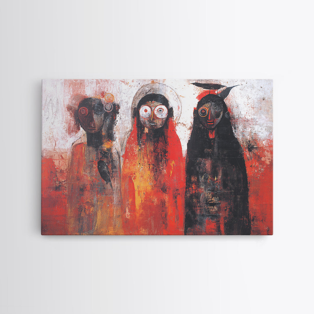 Mystic Three Tribal Figures In Red And Black Abstract Wall Art, African Mask Art Decor, Spiritual Afrocentric Canvas Print