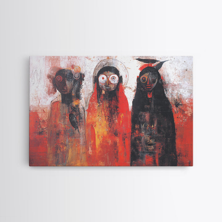 Mystic Three Tribal Figures In Red And Black Abstract Wall Art, African Mask Art Decor, Spiritual Afrocentric Canvas Print