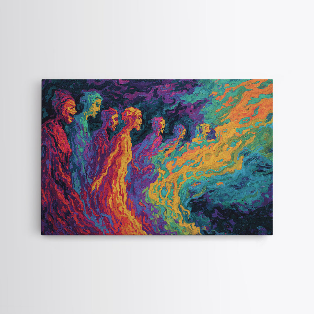 Vibrant Spectral Figures Facing A Swirling Cosmic Sea Canvas Print, Abstract African Art, Colorful Wall Decor Gift, Modern Art