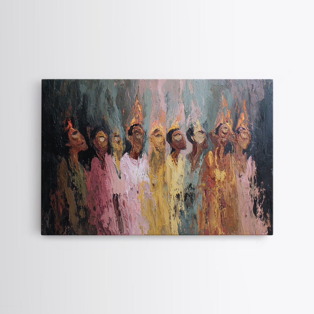 Textured Women In Fiery Robes With Tall Flame Crowns Framed Canvas Print, African Women Art, Elegant Wall Decor, Home Decor Gift